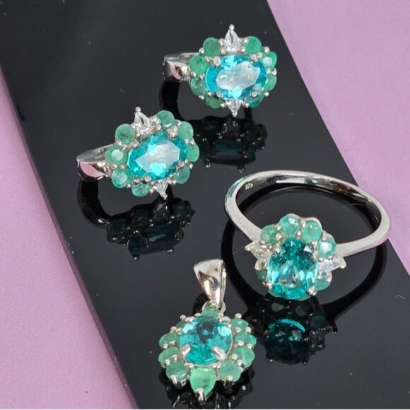 925 Sterling Silver Jewelry Set with Natural Apatite & Emerald - Picture 1 of 11